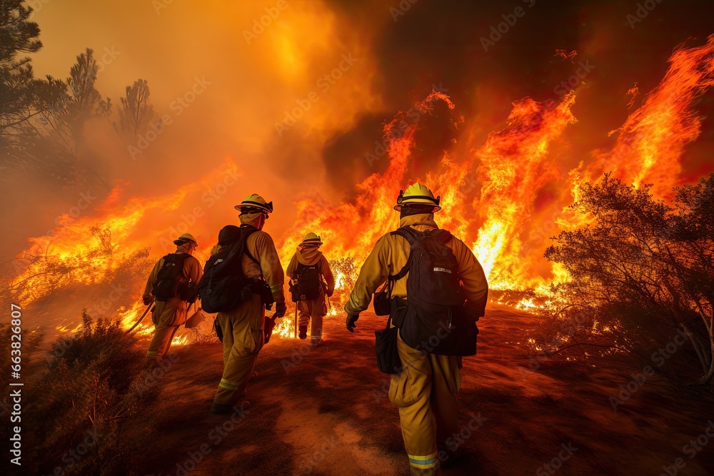 Fototapeta premium Firefighters extinguish a fire in the forest. Firefighters fighting a fire, Firefighter trying to prevent the spread of natural disaster, AI Generated