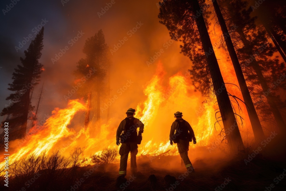 Fototapeta premium Firefighters fighting a fire in the forest. Firefighters fighting a fire, Firefighter trying to prevent the spread of natural disaster, AI Generated