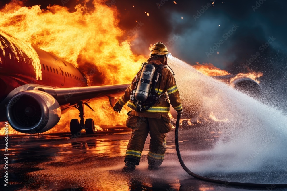 Firefighter extinguishing a fire in an airplane with a high pressure water jet, fireman using water and extinguisher to fight fire flame in plane accident, AI Generated Firefighter extinguishing a fire in an airplane with a high pressure water jet, fireman using water and extinguisher to fight fire flame in plane accident, AI Generated