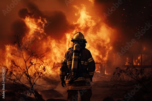 Firefighter in action. Firefighters fighting a fire in a burning forest, Firefighter trying to prevent the spread of natural disaster, AI Generated