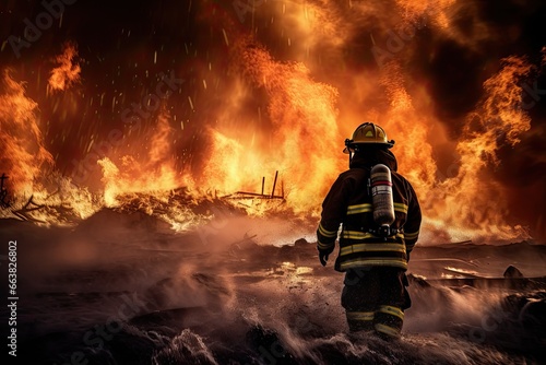 Firefighter in action against the backdrop of a large burning fire, Firefighter trying to prevent the spread of natural disaster, AI Generated