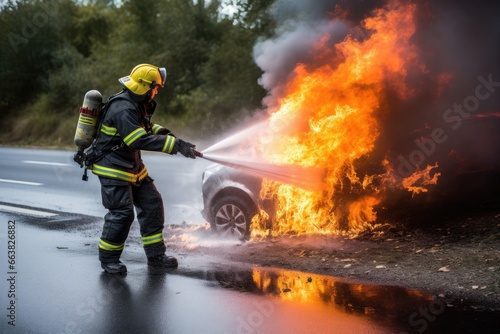 Firefighter extinguishing a car accident on the road in the countryside, fireman using water and extinguisher to fighting with fire flame in accident car on the wayside road, AI Generated