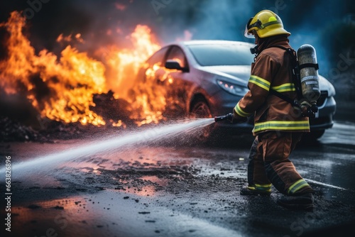 Firefighter fighting a car accident on the road with high pressure water, fireman using water and extinguisher to fighting with fire flame in accident car on the wayside road, AI Generated