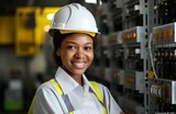 Smiling African-American electrician woman in uniform and helmet.