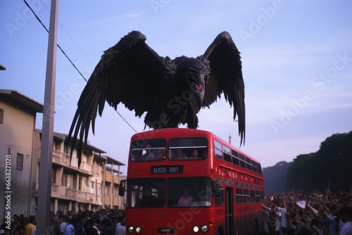 Tourist bus on the street of Barcelona, Flamengo fans following their bus. Huge vulture, AI Generated