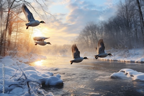 Snowy winter landscape with frozen river and flying geese at sunset, Flock of wild ducks flying over frozen river. Wildlife in winter season, AI Generated photo