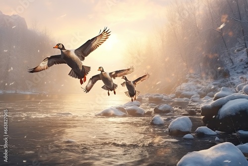Two geese flying over a frozen river at sunset. 3d rendering, Flock of wild ducks flying over frozen river. Wildlife in winter season, AI Generated