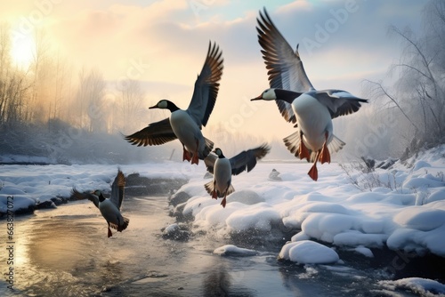 Flock of geese flying over a frozen river in winter, Flock of wild ducks flying over frozen river. Wildlife in winter season, AI Generated photo