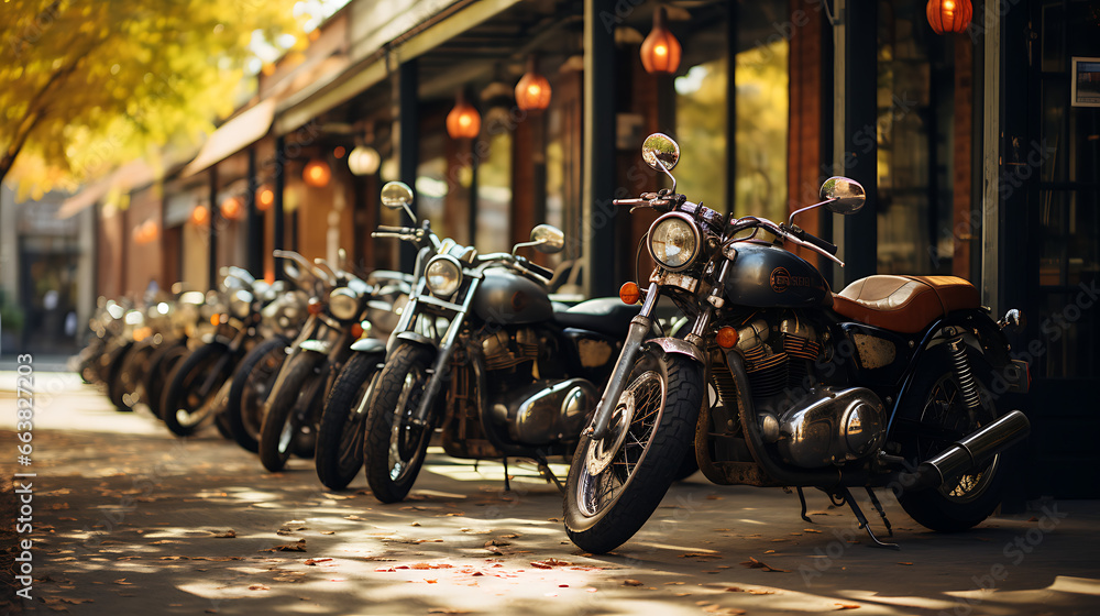 A Row of Vintage Motorcycles Outside a Café
