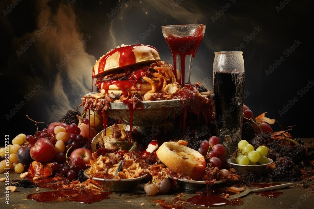 Hamburger with wine, grapes, cheese and bread on a black background, food getting wasted , AI Generated