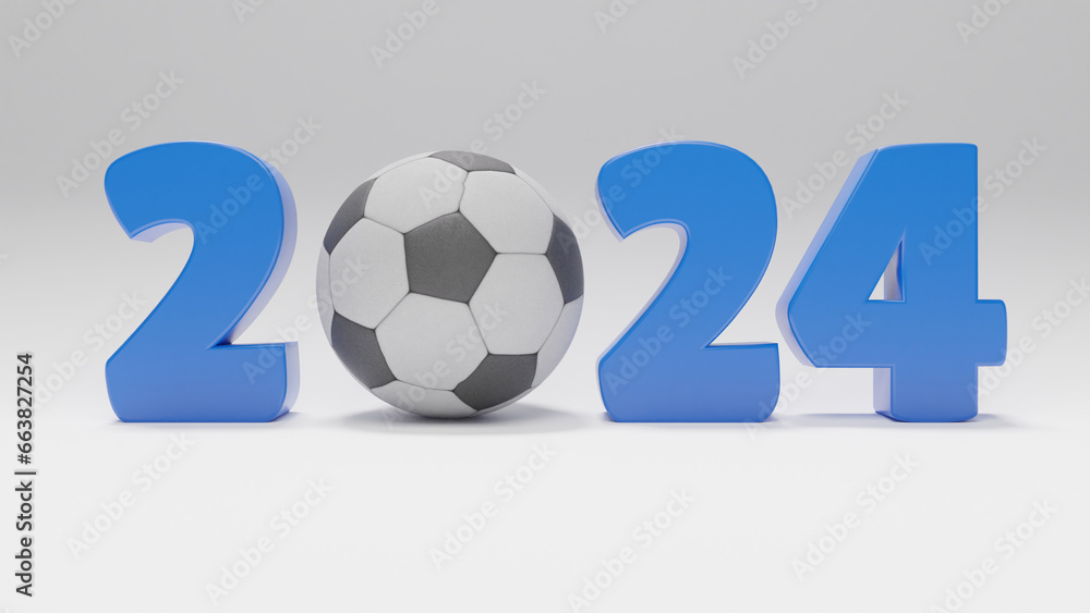 3d rendering, the date of the new year 2024 and a soccer ball. 3d illustration of sporting successes and victories in the new year 2024. 3d rendering, the date of the new year 2024 and a soccer ball. 3d illustration of sporting successes and victories in the new year 2024.