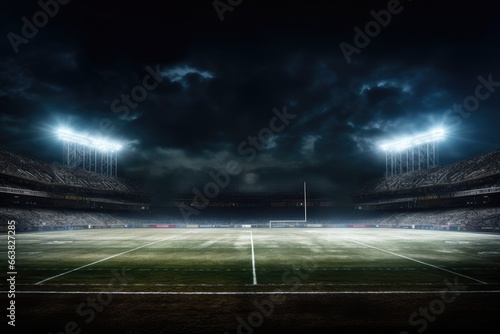 Empty soccer stadium at night with lights and smoke. 3D rendering, Football field illuminated by stadium lights, AI Generated