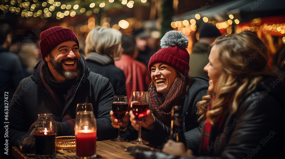 Group of People Drinking Mulled Wine at a Christmas Market