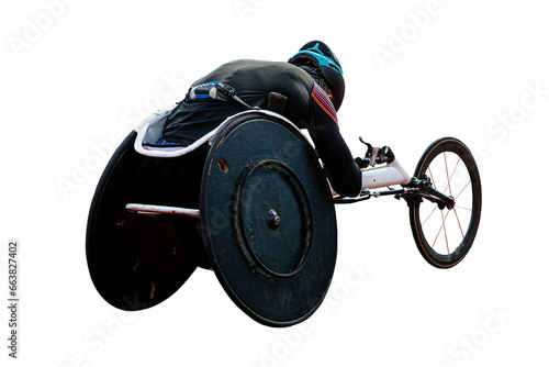 rear view para athlete in wheelchair racing riding on red track stadium isolated on transparent background