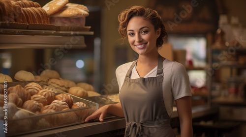 Smiling saleswoman working at a bakery. 