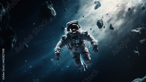 close shot, an astronaut floating, alone in space, stars in bacground © Badass Prodigy
