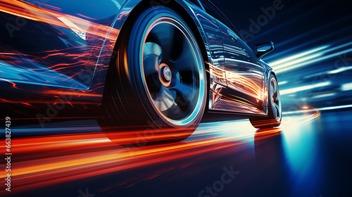 High-speed Sports Car Wheel with Blue Neon Lights