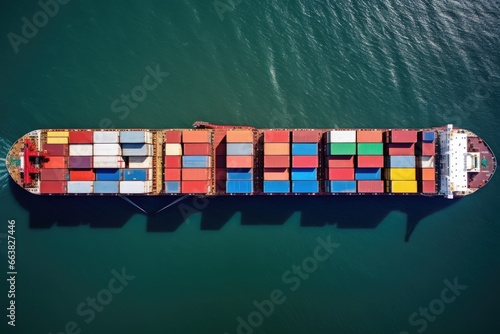 Container Cargo freight ship with working crane bridge for Logistic Import Export background, Four container ships sail across the ocean in this aerial photograph, AI Generated