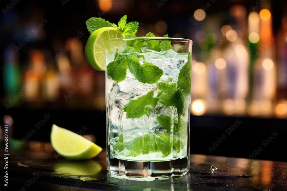 Mojito cocktail on bar counter with ice cubes and mint leaves, Fresh mojito in a glass and ice on bar counter, AI Generated Mojito cocktail on bar counter with ice cubes and mint leaves, Fresh mojito in a glass and ice on bar counter, AI Generated