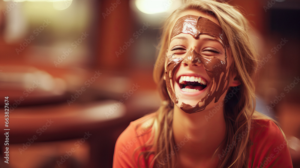 Portrait of a young woman laughing with her face full of chocolate cream