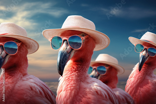 Flamingos wearing sunglasses and a hat on the beach