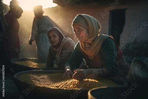 Berbers women with food street. Traditional Moroccan grains on street market. Generate ai photo