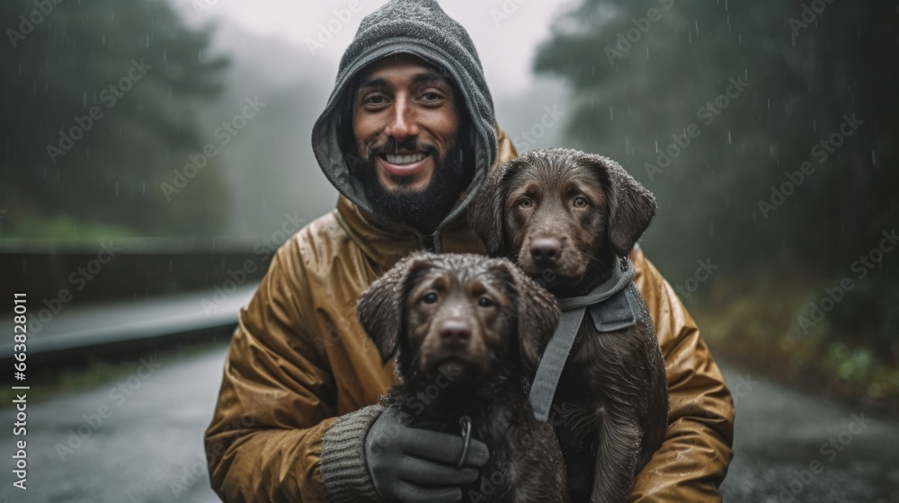 A man and his two furry friends stand tall in matching raincoats, finding joy in the midst of a downpour.