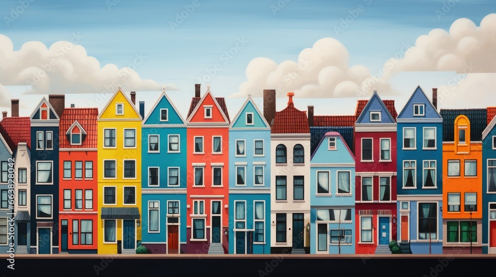 A painting of a row of colorful houses