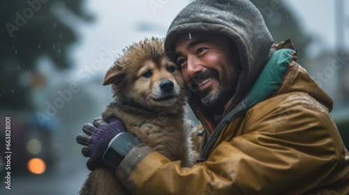 A happy man and his dog enjoy the rain in matching raincoats, smiling as they pose together.