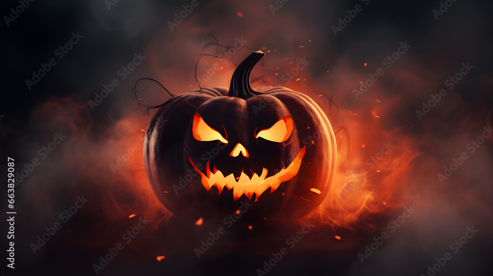 Fototapeta premium Halloween pumpkin in fire, Halloween wallpaper, horror greeting card, halloween celebration. AI Generated.