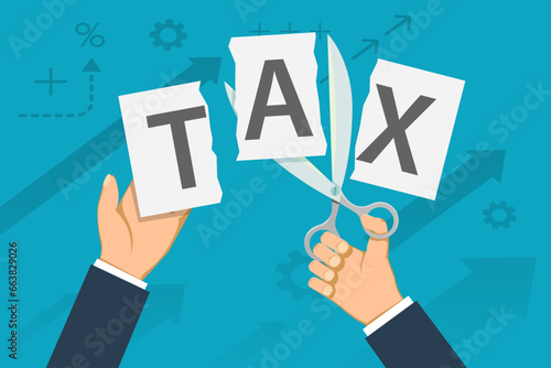 Businessman cuts a paper document with the word tax. Stock vector illustration