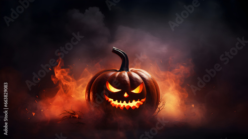 Halloween pumpkin in fire, Halloween wallpaper, horror greeting card, halloween celebration. AI Generated.