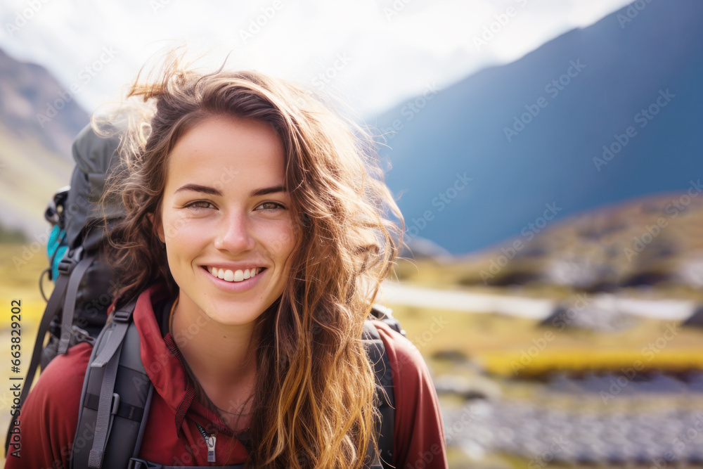 Nature lover woman smiling in jacket and backpack hiking up mountain Nature lover woman smiling in jacket and backpack hiking up mountain