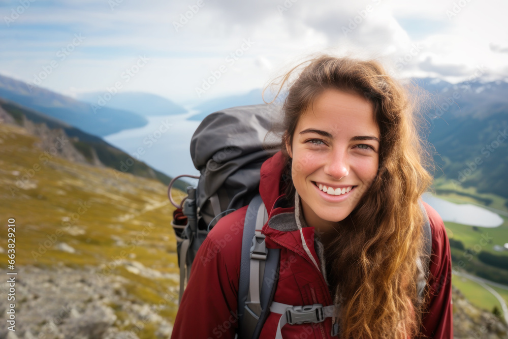 Nature lover woman smiling in jacket and backpack hiking up mountain