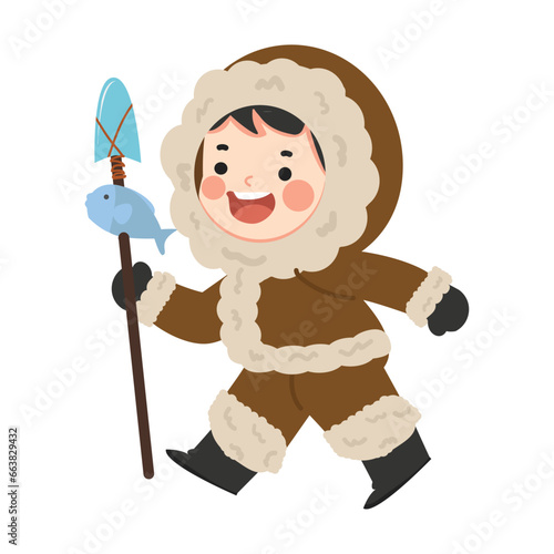 Eskimo boy with fish catch cartoon