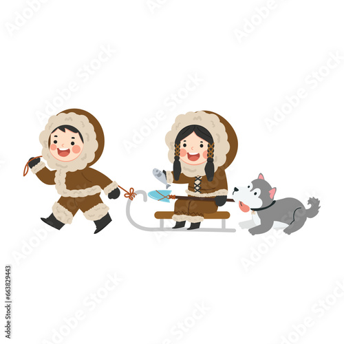 Happy eskimo man and woman with sleign