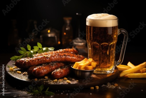 Beer and grilled sausages with rosemary. AI Generated
