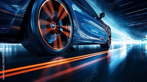 High-speed sports car wheel in motion with blue neon light © Custom Media