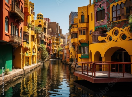 A Colorful Waterway in a City