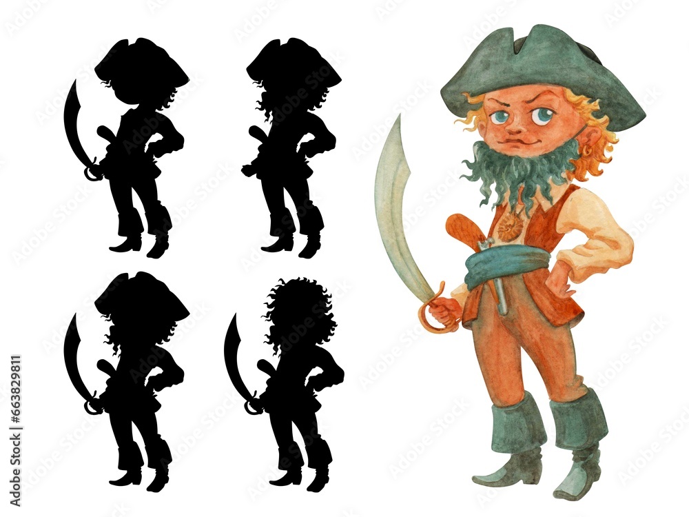 Fototapeta premium Pirate boy. Find the shadow game. Isolated watercolor illustration. Clipart