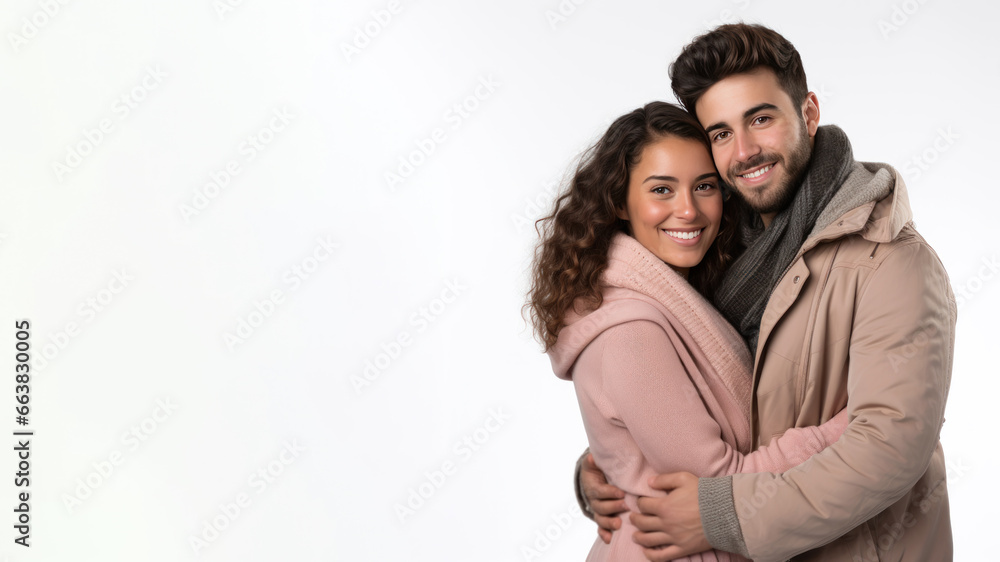 Couple Romantic standing side by side and hugging, isolated on white Couple Romantic standing side by side and hugging, isolated on white