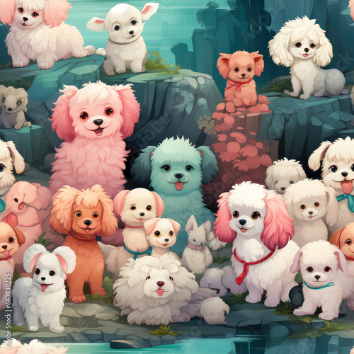 Poodles dogs breed cartoon repeat pattern