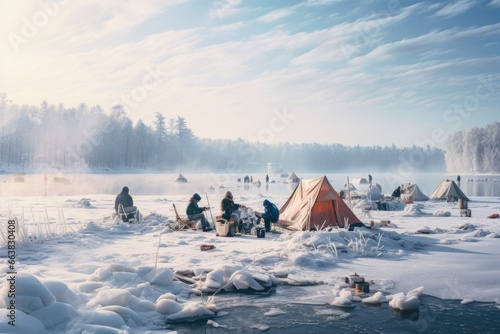 Ice Fishing on Frozen Lake
