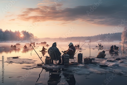 Ice Fishing on Frozen Lake photo
