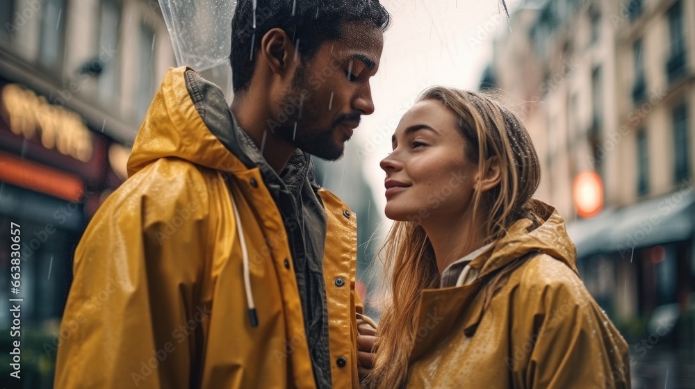 Smiling couple in raincoats shares joy amid the rain.