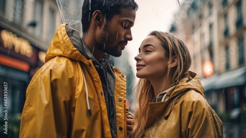 Smiling couple in raincoats shares joy amid the rain. © iuricazac
