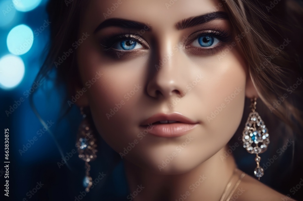 Woman with blues eyes wearing jewelry. Portrait of beauty female model with diamonds earrings. Generate ai