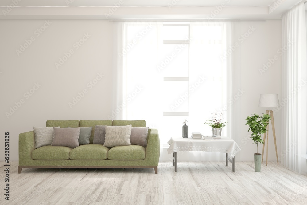 White living room with sofa. Scandinavian interior design. 3D illustration White living room with sofa. Scandinavian interior design. 3D illustration