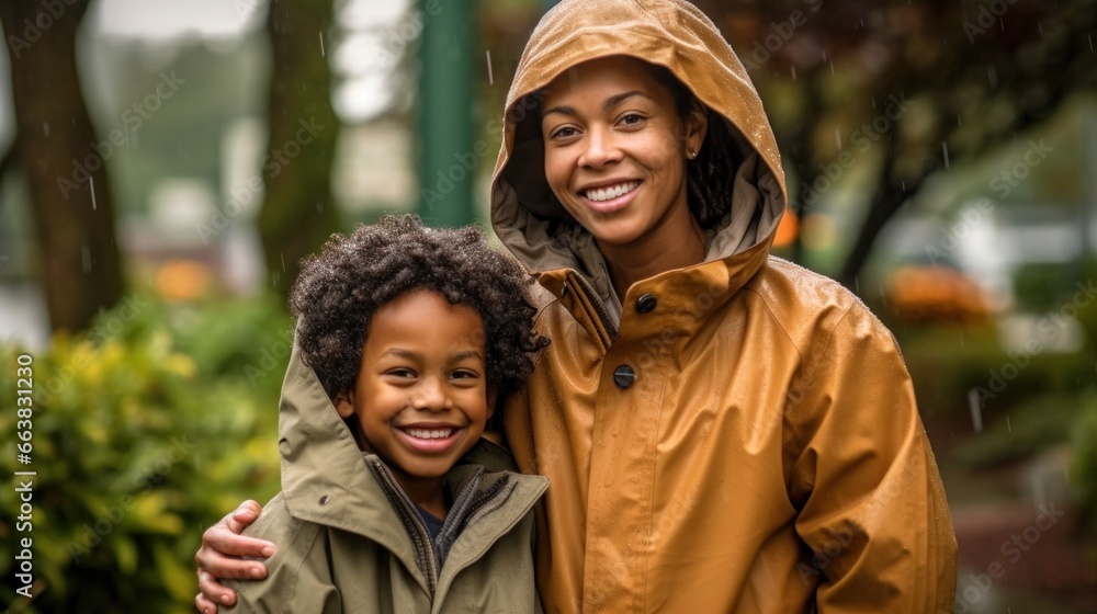 Wrapped in raincoats, a smiling mother and her child enjoy the rain, creating a heartwarming scene of happiness. Wrapped in raincoats, a smiling mother and her child enjoy the rain, creating a heartwarming scene of happiness.