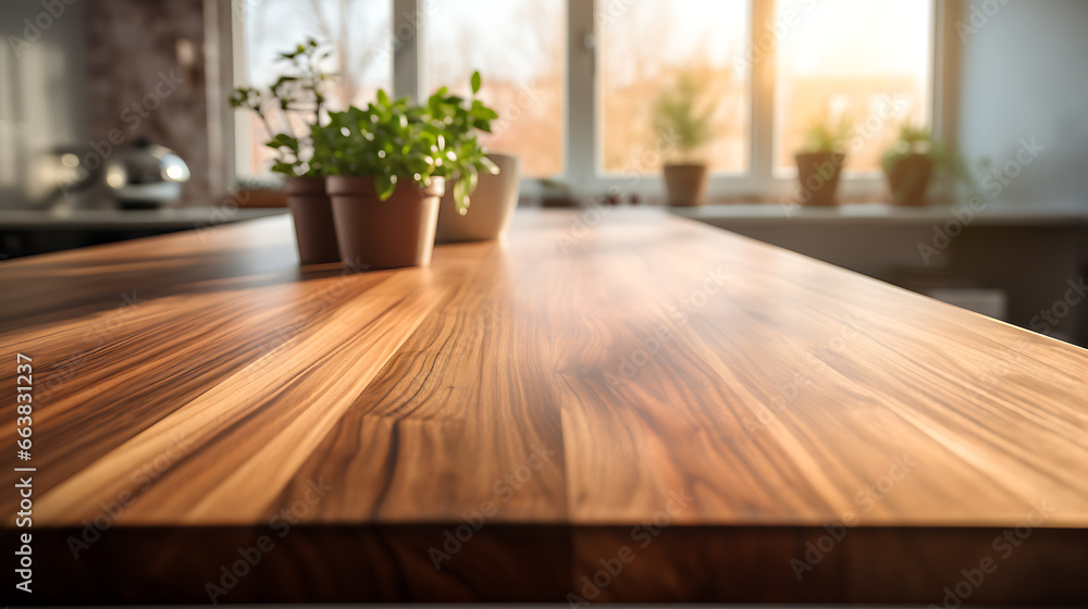 Wooden Countertop in a Sleek Modern Kitchen Background Wooden Countertop in a Sleek Modern Kitchen Background